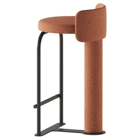 The "Fox" bar stool stands out with its unique and captivating design, featuring a gently curved rear leg that elegantly resembles the tail of an animal. Expertly crafted by designer Dmitriy Kozinenko, this stool seamlessly combines aesthetic appeal and functional comfort, making it an exceptional addition to both residential and commercial spaces. The sturdy frame harmoniously integrates painted metal and robust plywood, ensuring enduring stability. The seating experience is enriched with high-quality polyurethane foam, expertly upholstered in a myriad of fabric options, allowing you to customize your stool to match your interior effortlessly. Available in both bar and counter heights, the versatile "Fox" stool effortlessly adapts to various settings, catering to diverse preferences. Elev Unique Bar Stools, Unique Stools, Minimalist Furniture Design, Counter Stools Backless, Designer Bar Stools, Woo Woo, Upholstered Stool, Metal Fabric, Orange Colour