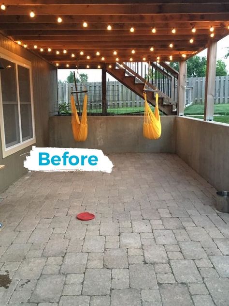 Walkout Basement Patio Ideas Under Decks, Walk Out Basement Patio Under Deck, Under Deck Patio Ideas, Walkout Basement Patio, Basement Patio, Patio Under Decks, Sunken Patio, Under Deck, Basement Entrance