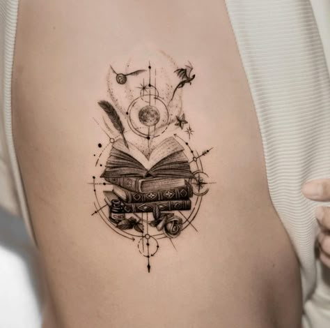 Bibliophile Tattoo, Emily Tattoo, Book Themed Tattoos, Open Book Tattoo, Book Tattoo Ideas, Book Inspired Tattoos, Book Lover Tattoo, Sleeve Inspiration, Book Tattoos