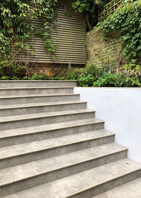 Porcelain Steps - Increasing Options Of Garden Design - London Stone Blog Porcelain Front Door Step, Porcelain Steps Garden, Porcelain Steps, Scandi Garden, Paver Steps, London Stone, Brick Border, Garden Design London, Patio Stairs