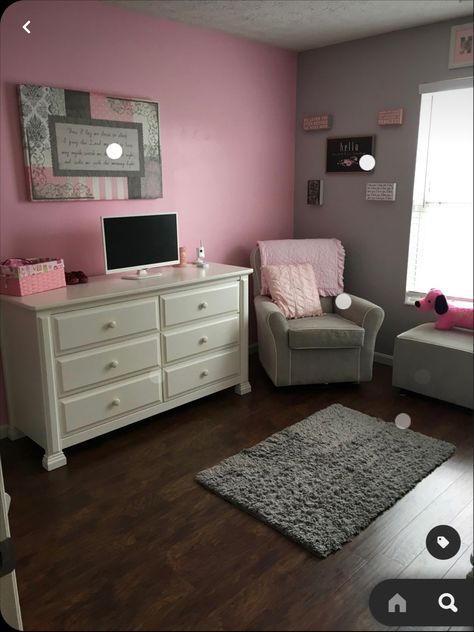 Girls room, fun, pink room Pink And Gray Wall Paint, Pink And Grey Wall Paint, Pink And Grey Girls Bedroom Ideas, Pink And Gray Accent Wall, Pink And Gray Walls, Pink And Grey Painted Walls, Pink And Grey Bedroom Walls, Pink Gray And White Bedroom Room Ideas, Pink And Gray Bedroom Ideas