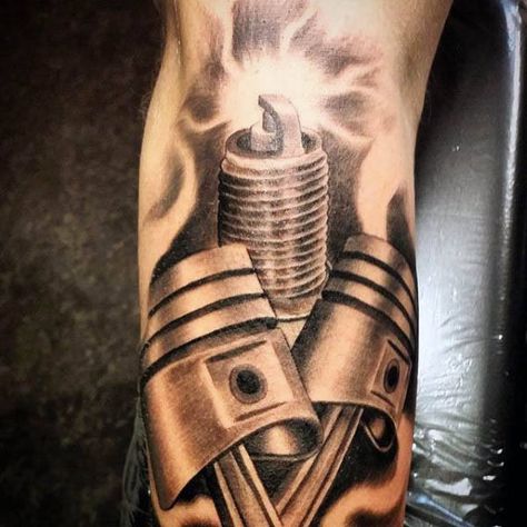 Piston And Spark Plug Tattoos For Men Spark Plug Tattoo, Plug Tattoo, Piston Tattoo, Tattoo Ideas For Guys, Engine Tattoo, Harley Tattoos, Motor Tattoo, Racing Tattoos, Mechanic Tattoo