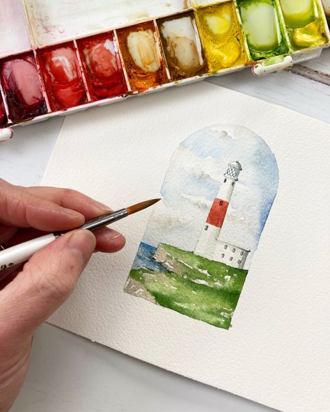 Watercolour Lighthouse Easy, Watercolor Art Lighthouse, Lighthouse Watercolor Painting Tutorial, Watercolor Lighthouse Tutorial, Watercolor Lighthouse Paintings, Watercolor Drawing Landscape, Miniature Art Drawing, Light House Watercolor, Watercolour Art Aesthetic