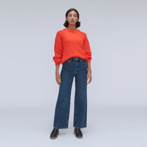 Fit Details
High-rise with a wide leg. Slim fit through hips and thigh. Sits just above belly button.
A little stretch
If 5'6" or shorter, we recommend taking a 27.5" inseam for a floor-length slouchy look.
If 5'7" or taller, we recommend taking a 29.5" inseam for a floor-length slouchy look. Sailor Jeans, Sailor Jean, Wide Leg Jeans Cropped, Cropped Denim Pants, Olive Green Pants, Flare Denim Jeans, Wide Leg Cropped Pants, Wide Leg Denim, Washed Jeans