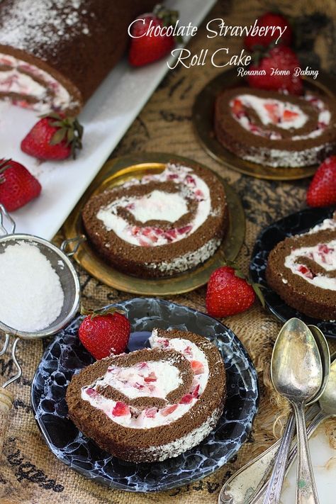 Chocolate sponge cake filled with lighter than air cream and diced fresh strawberries. Recipe from Roxanashomebaking.com #chocolateparty Strawberry Roll, Roll Cake Recipe, Classic Fall Desserts, Strawberry Roll Cake, Pecan Pumpkin, Pumpkin Roll Cake, Sponge Cake Filling, Chocolate Sponge Cake, Chocolate Roll