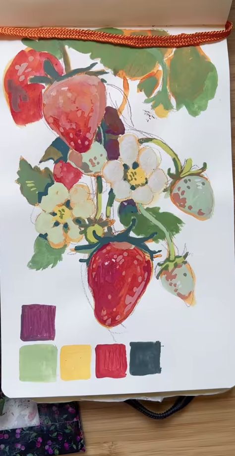 Sketches Of Shay Art, Gouache Strawberry, Sketches Of Shay, Guache Art, Gouache Painting Ideas, Gouache Sketchbook, Gauche Painting, Art Guide, Gouache Paint