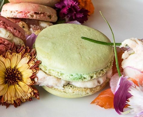 Savory Macaron with Goat Cheese and Avocado Mousse Filling Savory Mousse, Savory Macarons, Prosciutto And Goat Cheese, Smoked Salmon And Cream Cheese, Macaron Ideas, Salmon And Cream Cheese, Macaron Recipes, Mousse Filling, Avocado Mousse