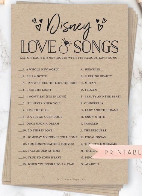 Disney Love Songs Trivia Game . Rustic Bridal Shower Printable . Wedding Shower . Rustic Kraft + Black and White . Instant Digital Download Disney Themed Bridal Shower, Disney Love Songs, Bridal Shower Questions, Bridal Party Games, Disney Bridal Showers, Fun Bridal Shower Games, Bridal Shower Activities, Bridal Shower Planning, Bridal Games