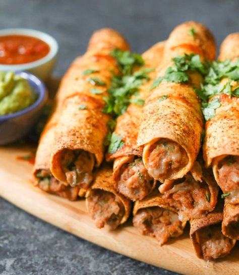 Bean And Cheese Taquitos, Vegetarian Taquitos, Cheese Taquitos, Taquitos Recipe, Party Menu, Vegetarian Meals, Meatless Meals, Mexican Dishes, Casual Friday