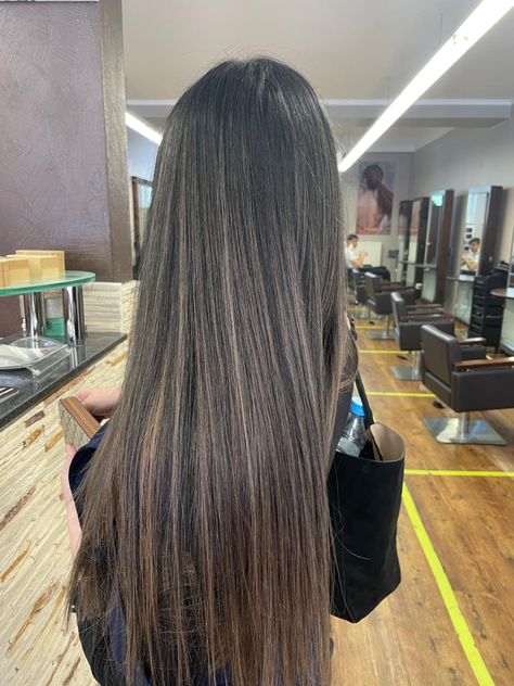 Soft Brown Hair With Blonde Highlights, Dark Brown Hair Light Highlights, Dark Brown Hair With Small Highlights, Dark Brown Hair Balayage Ashy, Balayage Hair Aesthetic, Lightening Dark Brown Hair, Dementional Hair Brown, Dark Hair With Highlights Straight, Straight Dark Brown Hair With Highlights