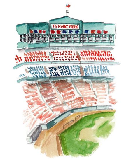 Watercolor illustration of Fenway Park, home of the Boston Red Sox Fenway Park Drawing, Boston Poster Aesthetic, Boston Watercolor, Boston Graphic, Boston Prints Wall Art, Boston Illustration, Boston Painting, Fenway Park Painting, Gallery Wall Themes