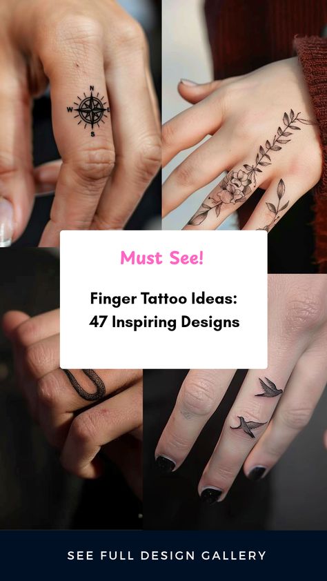 Explore a collection of finger tattoo ideas featuring stunning designs. This pin highlights 4 unique tattoos including a compass, snake, delicate flowers, and tiny birds. Perfect inspiration for tattoo lovers! Finger Tattoos And Meanings, Witchcraft Finger Tattoos, Nature Finger Tattoos For Women, Women’s Tattoos Finger, Thumb Ring Tattoo, Water Lily Finger Tattoo, Abstract Finger Tattoo, Mandala Finger Tattoo For Women, Simple Black Tattoos For Women