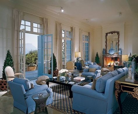 Billy Baldwin, White Rooms, Blue Rooms, Blue Decor, Drawing Room, New Wall, American Design, Architectural Digest, French Doors