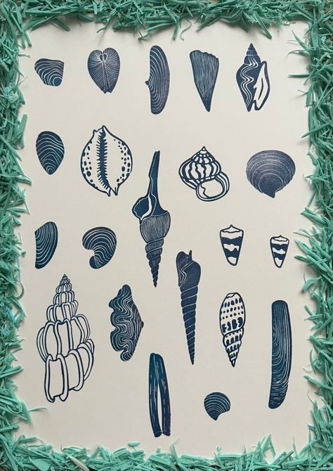 Ocean Life Art, Sea Shell Art, Eraser Stamp, Marine Decor, Carved Stamps, Hand Carved Rubber, Clay Stamps, Hand Carved Stamps, Handmade Stamps