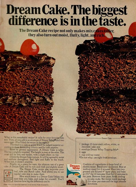 A vintage clipped recipe from Dream Whip for The Dream Cake; make this cake with a yellow, white, or devil's food cake mix, Dream Whip, eggs, and water. "The Dream Cake recipe not only make mix cakes better, they also turn out moist, light, and rich." This advertisement appeared in the November 1970 edition of Good Housekeeping.  #DreamCake #CakeMix #DreamWhip #VintageRecipes #Recipe #Vintage #November1970 #GoodhouseKeeping Dream Whip Recipes, Dream Whip Cake Recipe, 1970 Recipes, Dream Cake Recipe, Whip Recipes, Devil's Food Cake, Dream Whip, Devils Food Cake Mix Recipe, Cake Rack