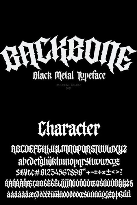 Backbone is a unique blackletter font. It’s suitable for use in various projects such as gothic letters, tattoos, headlines, posters, magazines, newspapers, t-shirts, labels, and any other designs that you wish to create. Get inspired by Black metal and It will add an edgy feel to any crafting project! Bold and spooky, this font will become your top choice in no time! Heavy Metal Font, Black Metal Font, Victorian Fonts, Gothic Letters, Edgy Fonts, Blackletter Font, Metal Font, Gothic Font, Graffiti Lettering Fonts