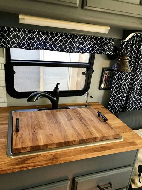 Motorhome Remodel, Butcher Block Table, Camper Trailer Remodel, Camper Organization, Sink Cover, Caravan Renovation, Kombi Home, Diy Camper Remodel, Rv Makeover