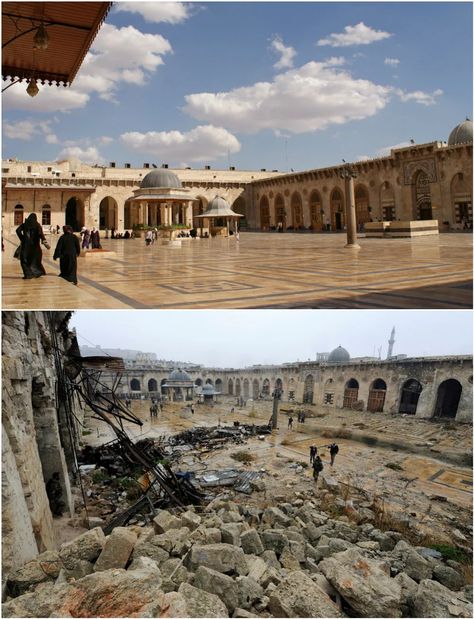 Aleppo Before And After Syria's Civil War Told In Haunting Images | HuffPost UK News Syria Before And After, Umayyad Mosque, Haunted Images, Aleppo Syria, Medieval Fortress, Grand Mosque, Guided Writing, Old City, Lonely Planet