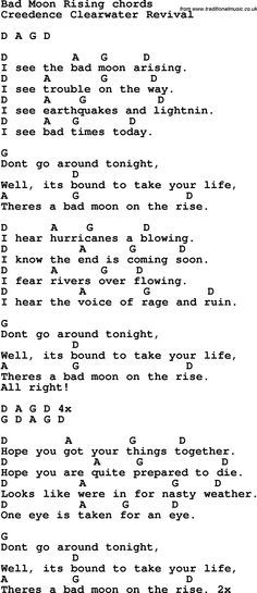 Song Lyrics with guitar chords for Bad Moon Rising 3 Chord Songs Guitar, Bad Moon Rising, Uke Songs, Easy Guitar Songs, Guitar Tabs Songs, Great Song Lyrics, Ukulele Music, Guitar Chords For Songs, Guitar Chords And Lyrics