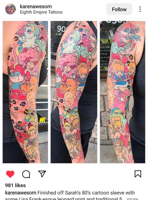 2000s Theme Tattoo, 90 Tattoo Ideas, 80s Themed Tattoos, 80s Inspired Tattoos, 90s Theme Tattoo Sleeve, 80's Cartoons Tattoos, 90s Cartoon Characters Tattoo, 80s Cartoon Tattoo Ideas, 90s Cartoon Tattoos Sleeve