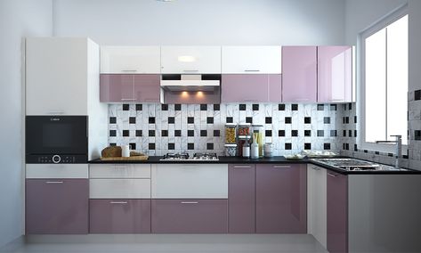 Lavender Cupboards Bedroom, Lavender Cabinets, Lavendar Kitchen, Purple Kitchen Ideas, Modular Kitchen Cabinets Colour Combinations, L Shaped Kitchen Interior, Kitchen Colour Combination Ideas, Purple Kitchen Walls, Purple Kitchen Cabinets