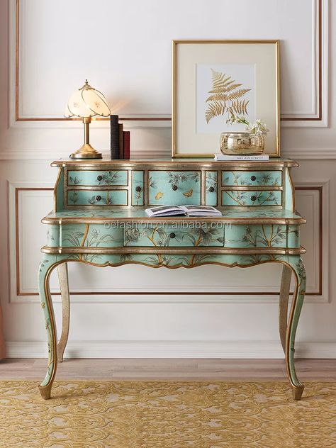 Elegant Writing Desk, Rococo Desk, Writing Desk Makeover, Painted Antique Desk, Eclectic Bedroom Furniture, Antique Desk Makeover, French Style Desk, Painted Writing Desk, French Provincial Desk