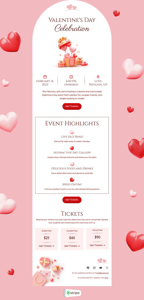 Valentine’s Day email template "Love pavilion" for hobbies industry. Create professional, responsive emails fast with no coding skills. Follow us on Pinterest for more inspiration and tips. 🤗 #valentinesday #stripoemail #emailtips #emailnewsletter #emailtemplate #emaildesign #emailmarketing #emaildesignlayout Valentines Day Newsletter, Valentines Campaign, Holiday Email Campaigns, Advertising Campaign Design, Template Love, Coding Skills, Holiday Emails, Email Template Design, Responsive Email