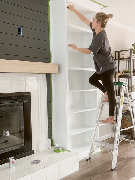 DIY Fireplace Built-Ins: IKEA Billy Bookcase Hack - Come Stay Awhile by Amanda Vernaci | Modern Farmhouse DIY + Home Renovation Built Ins One Side Of Fireplace, Ikea Fireplace, Fireplace Shelving, Real Fireplace, Cove Moulding, Built In Around Fireplace, Bookcase Hack, Painting Ikea Furniture, Ikea Built In