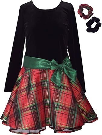 Bonnie Jean Holiday Christmas Dress - Classic Plaid with Velvet with Hair Accessories Sleeve Scrunchies, Hipster Dress, Mock Neck Sweater Dress, Sibling Outfits, Bonnie Jean, Christmas Plaid, High Quality Dress, Dropwaist Dress, Star Dress