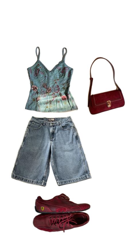 Light blue tank top with red flower accent details, medium wash jorts, red shoulder bag, and red shoes Light Blue Jorts Outfit, Jorts Outfit, Light Blue Tank Top, Red Shoulder Bag, Blue Tank Top, Red Flower, Red Shoes, Summer Outfit, Red Flowers