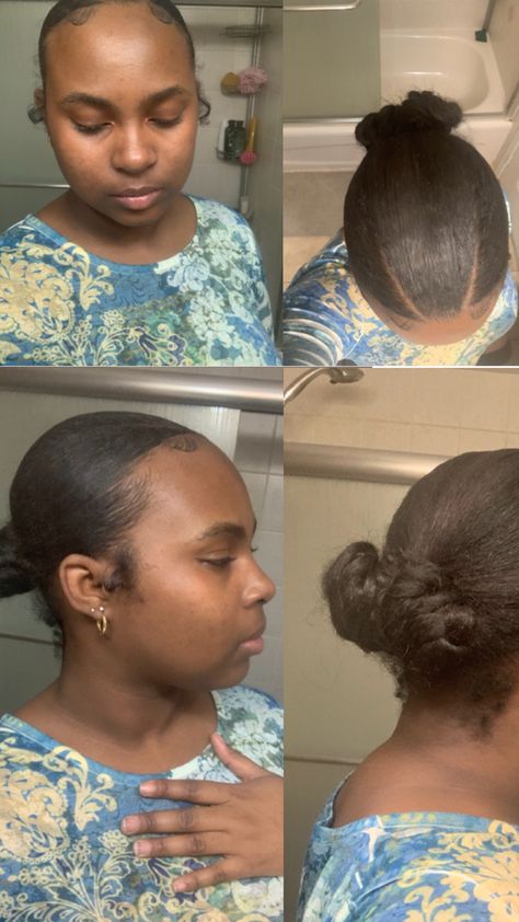 Black girl with V part slick back bun on natural hair using braiding hair. V Part Slick Back Bun, V Part Bun, V Part Slick Back, Slick Back Bun Natural, Bun On Natural Hair, 4c Natural Hairstyles Short, Slick Back Bun, 4b Hair, Natural Hair Bun Styles