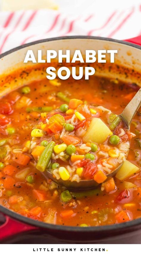 Alphabet soup with vegetables is a delicious vegetarian soup that is kid-friendly and easy to make. This nutritious and fun soup is ready in 20 minutes. Alphabet Soup Recipe, Easy Winter Soups, Kid Friendly Soup, Soup With Vegetables, Little Sunny Kitchen, Soups For Kids, Vegetarian Kids, Vegetarian Soups, Hearty Vegetable Soup