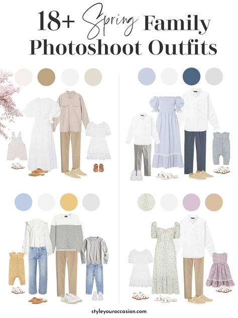 Looking for family photo outfits for a spring photoshoot? These 18+ spring family photos will inspire your attire so you look and feel amazing! Choose from neutral outfit to pastel color combinations, gingham, stripes, denim, and more. There’s casual outfits (jeans), or more dressy (floral dresses). From the city to the beach you’re covered! #2022 #familyphotooutfits Spring Family Photoshoot Outfits, Spring Family Photo Outfits, Spring Family Photoshoot, Spring Photoshoot Outfits, Picture Color Schemes, Spring Family Pictures, Family Portrait Outfits, Summer Family Pictures, Family Photo Colors