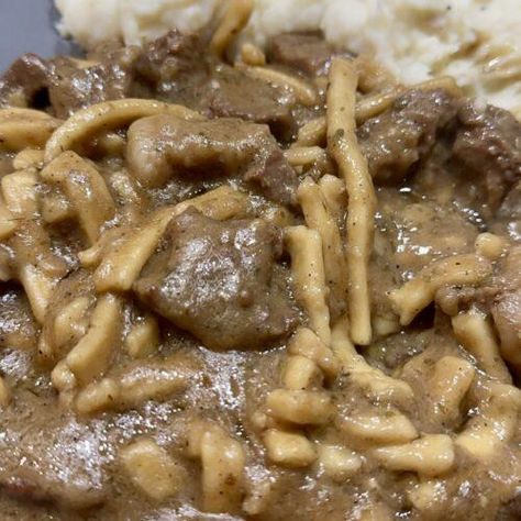 Stovetop Beef and Noodles Recipe - Just Jess G Stovetop Beef And Noodles, Beef And Noodles Stove Top, Beef And Noodles Recipe, Brown Gravy Mix, Beef Tips, Brown Gravy, Noodles Recipe, Cooking Spoon, Soup Mixes