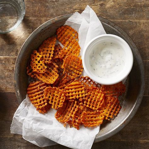 Tajín Waffle Fries with Creamy Cilantro-Lime Dipping Sauce Carolyn Casner Lime Sweet Potato, Vegetarian Enchilada Casserole, Creamy Dipping Sauce, Vegetarian Enchiladas, Mexican Seasoning, Loaded Cauliflower, Loaded Sweet Potato, Waffle Fries, Vegan Cauliflower