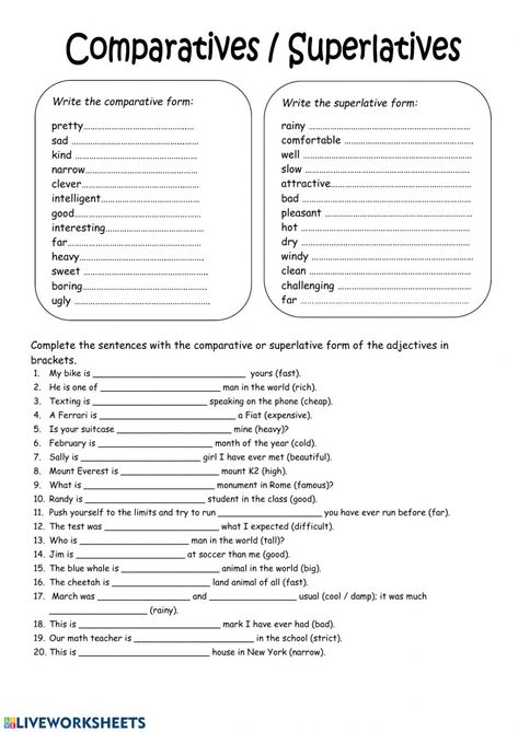 Comparatives and superlatives interactive exercise for pre intermediate. You can do the exercises online or download the worksheet as pdf. Superlatives Worksheet, Comparative Superlative, Comparatives And Superlatives, English Exercises, Esl Activities, Richest In The World, English Classroom, English Language Teaching, English Activities