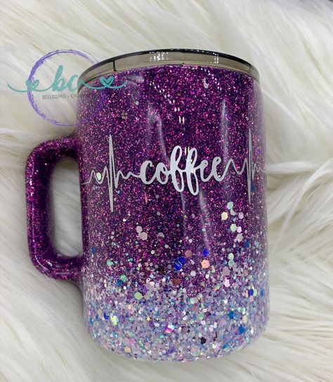 Glitter Coffee Mugs, Purple Tumbler Ideas, Bedazzled Stuff, Yeti Mugs, Resin Cups, Epoxy Pens, Purple Coffee Mugs, Coffee Cups Diy, Artistic Room