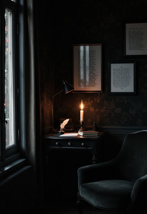 Dark Academia Decor Dark Academia Room Colors, Dark Academia Minimalism, Dark Academia Apartment Aesthetic, Dark Academia Dining Room, Dark Academia Apartment, Gothic Study, Dark Academia Desk, Dark Academia Interior, Dark Academia Room