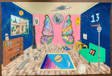 Colorful room One Point Perspective Surreal Room, Surrealism Room Drawing, Surreal Room Drawing, One Point Perspective Drawing Room, Room One Point Perspective, 1 Point Perspective Drawing Room, Surrealism Room, Room In One Point Perspective, Drawing One Point Perspective