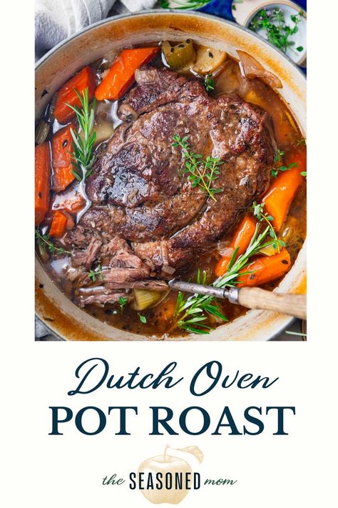 Tender and juicy, this Dutch oven pot roast transforms an affordable cut of meat into a delicious comfort food dinner. The beef slowly bakes with potatoes and carrots for an easy one pot meal. Your whole family will love this classic Sunday supper! Roast In Dutch Oven, Dutch Oven Pot Roast, Oven Pot Roast, Leftover Pot Roast, Easy Pot Roast, Pot Roast Recipe, Potatoes And Carrots, Beef Pot Roast, Dutch Oven Cooking