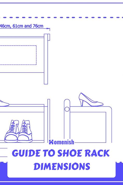 As a general rule, the shoe rack depth should be at least 13 inches so that it can store most types of shoes, including boots and stilettos. Typically, most common shoes can fit in spaces with a depth measurement of 18, 24, and 30 inches, as explained in the shoe rack size chart. Shoe shelf height will vary based on how many shelves you want to stack. Fyi Shoe Rack, Shoe Rack Dimensions Shelves, Shoe Rack Designs Entry Ways, How To Build A Shoe Rack Closet, Closet Shoe Shelf Dimensions, Shoe Shelf Dimensions, Shoe Rack Measurements, Built In Shoe Rack, Shoe Storage Dimensions