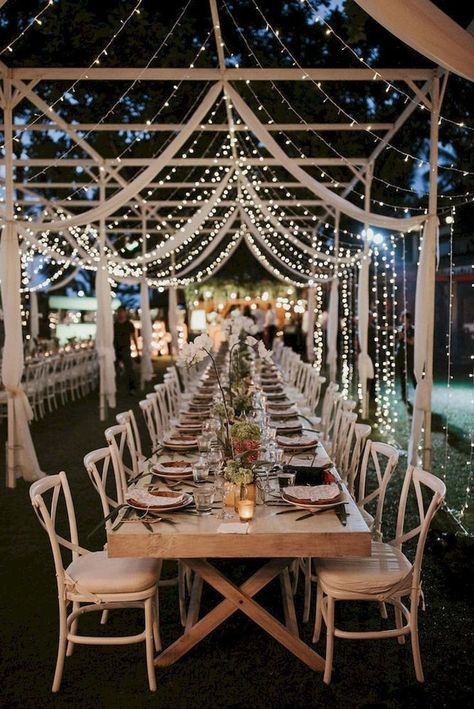 Mini String Lights, Lights Wedding Decor, Wedding Reception Ideas, Smallest Wedding Venue, Dresses Flowy, String Lights Wedding, Small Intimate Wedding, Long Table, Fairy String Lights