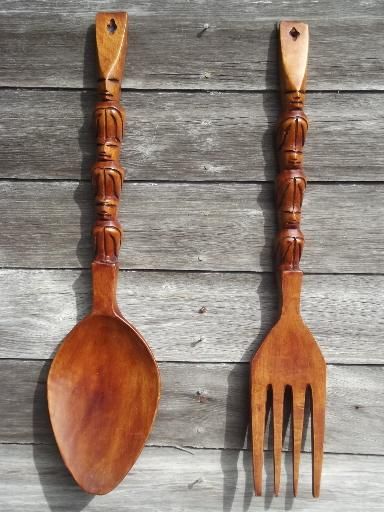 retro kitchen wall art, big carved wooden forks & spoons, 60s 70s vintage tiki wood Big Wooden Spoon And Fork Wall Decor, Big Fork And Spoon Wall Decor, Fork Spoon Wall Decor, Modern Kitchen Wall Art, Vintage Forks, Wooden Fork, Entry Decor, Vintage Tiki, Mid Century Modern Kitchen