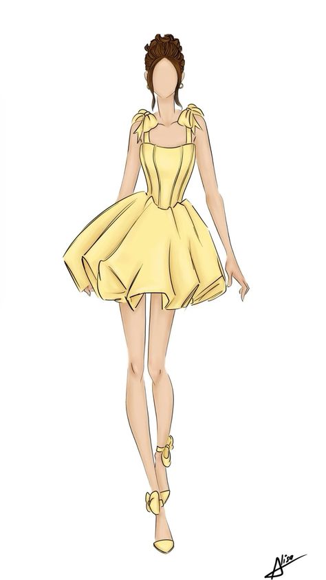 Yellow Dress Illustration, Casual Outfits Illustration Fashion Sketches, Yellow Dress Drawing, Croquis Fashion Illustration, Dress Illustration Design, Sea Inspired Fashion, Croquis Fashion, Digital Fashion Illustration, Clothing Pattern Design