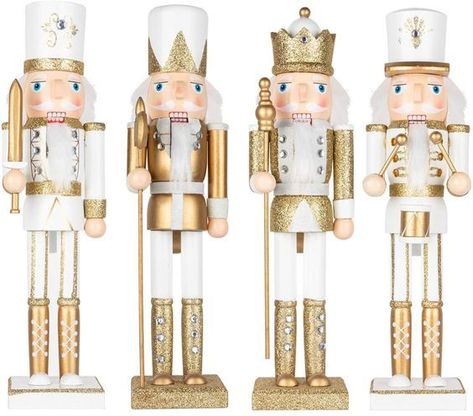 Nutcracker Diy, French Country Christmas Decor, Christmas Bar Cart, Gold Holiday Decor, White And Gold Christmas, Nutcracker Figures, French Country Christmas, Nutcracker Decor, Nutcracker Christmas Decorations