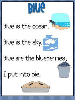 Blue is such a beautiful color!  I like to tell my students how God made so many different things in our world blue – the ocean and sky being two huge examples! Here are a few cute ways you can help your students celebrate the color blue… Read The Monster At the End of This Book … Preschool Poems, Happy Home Fairy, Kindergarten Colors, Kindergarten Songs, Classroom Songs, Color Songs, Preschool Colors, Kids Poems, Teaching Colors