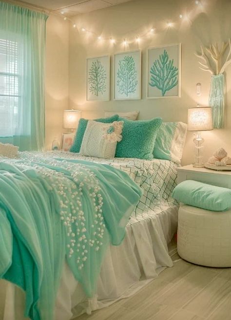 Bedroom With Coral Accents, Cute Soft Room Ideas, Aqua Dorm Room Ideas, Ocean Aesthetic Decorations, Sea Room Ideas Bedrooms, Teen Beach Room Ideas, Sea Themed Room Aesthetic, Coral Room Ideas Bedrooms, Beach Themed Dorm Room