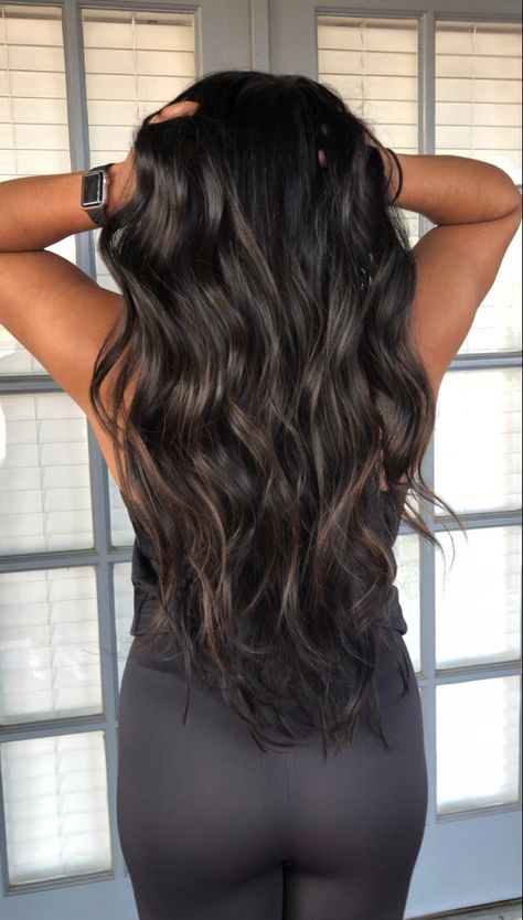 Long Dark Hair Trends 2023, Long Dark Hair With Dimension, Dark Brunette With Cool Tone Highlights, Dark Brown Hair With Cool Tones, Cool Toned Lived In Brunette, Lived In Dark Brunette Balayage, Black Babylights, Dark Brown Hair With Dimension Cool Tone Highlights, Balayage For Dark Skin Tone