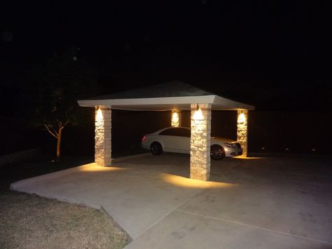 CARPORT LED LIGHTING Arriving home at night, one of Nite FX Lightings resent customer is now greeted by the welcome sight of his carport LED exterior lighting. Landscape lighting creates an ambiance, and it naturally gives a homeowner a sense of well-being. Car Port Lighting, Carport Lighting Ideas, Carport Lights, Carport Lighting, Pavilion Lighting, Building A Carport, Diy Carport, Portable Shade, Outdoor Security Lights