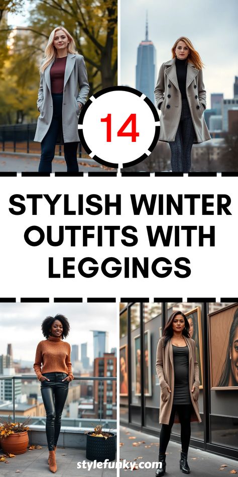 Winter is here, and that means it's time for some cozy layering! Check out these 14 stylish winter outfits featuring leggings that will keep you snug and chic all season long. From longline blazers paired with fitted tops and stirrup leggings to turtleneck sweaters combined with faux leather leggings and heeled booties, we've got fashion ideas to keep you warm. Whether you're heading out or lounging at home, these outfits are perfect for any occasion this winter. Xmas Leggings Outfit, Leggins Winter Outfits, Christmas Outfit With Leggings, Christmas Outfit Leggings, Dressy Leggings Outfit Winter Classy, Chic Leggings Outfit Winter, Winter Leggings Outfit Work, Black Legging Outfits Winter, How To Wear Leggings 2024